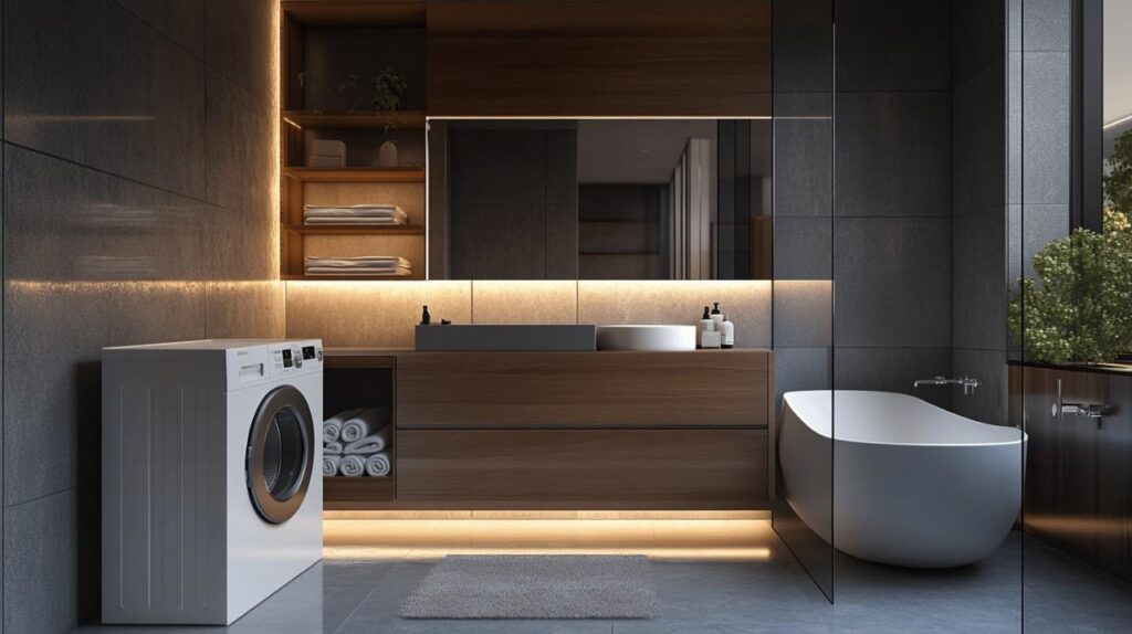 Plus-value immobilière garantie : Les astuces pour cacher une machine à laver dans votre salle de bain avec style